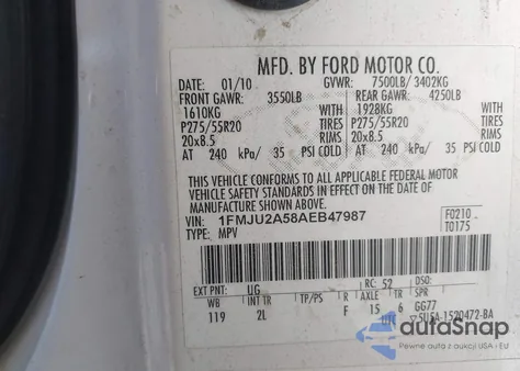 2010 Ford Expedition Limited from USA, damaged, VIN 1FMJU2A58AEB47987